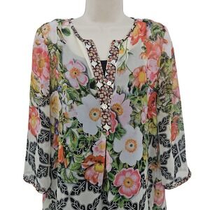 Soft‎ Surroundings Tunic Top Womens Small Sheer Floral Boho Black White Blouse